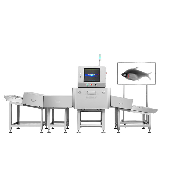 Foodman fish bone detector operator interface showing real-time X-ray image with detected fish bones highlighted in seafood product